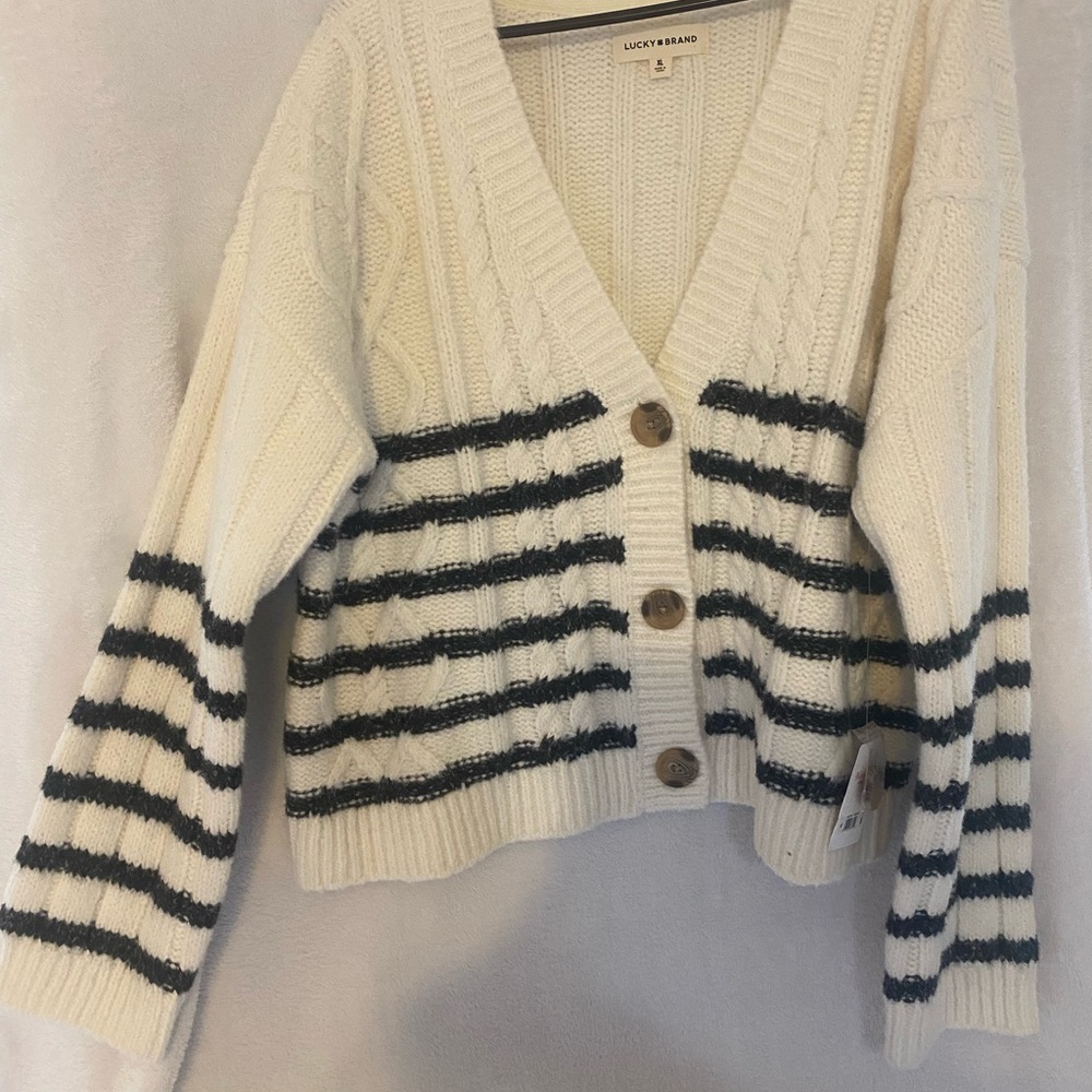 Lucky Brand Women's Striped Cardigan Sweater - White and Black